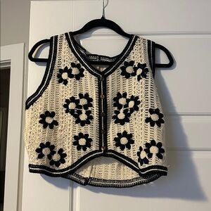 Black and Cream Crochet Floral Vest